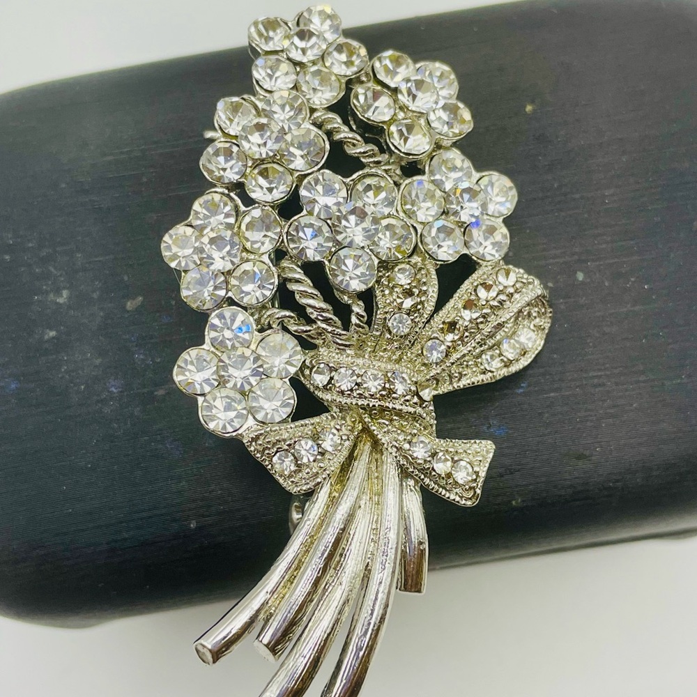 Vintage ROM signed Rhinestone Silver Tone Floral Brooch with Bow
